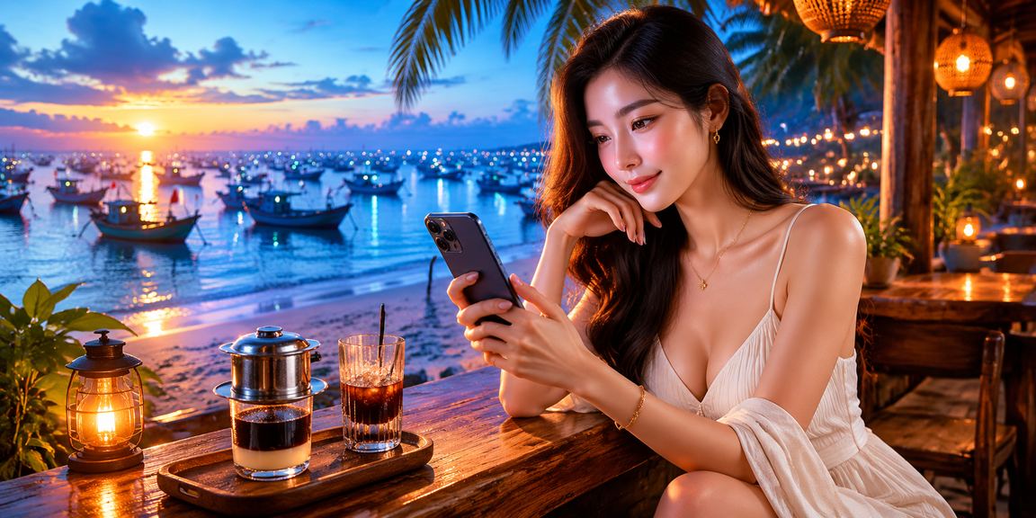 Du khách và người dân tại Mũi Né theo dõi kèo thể thao qua điện thoại bên bờ biển